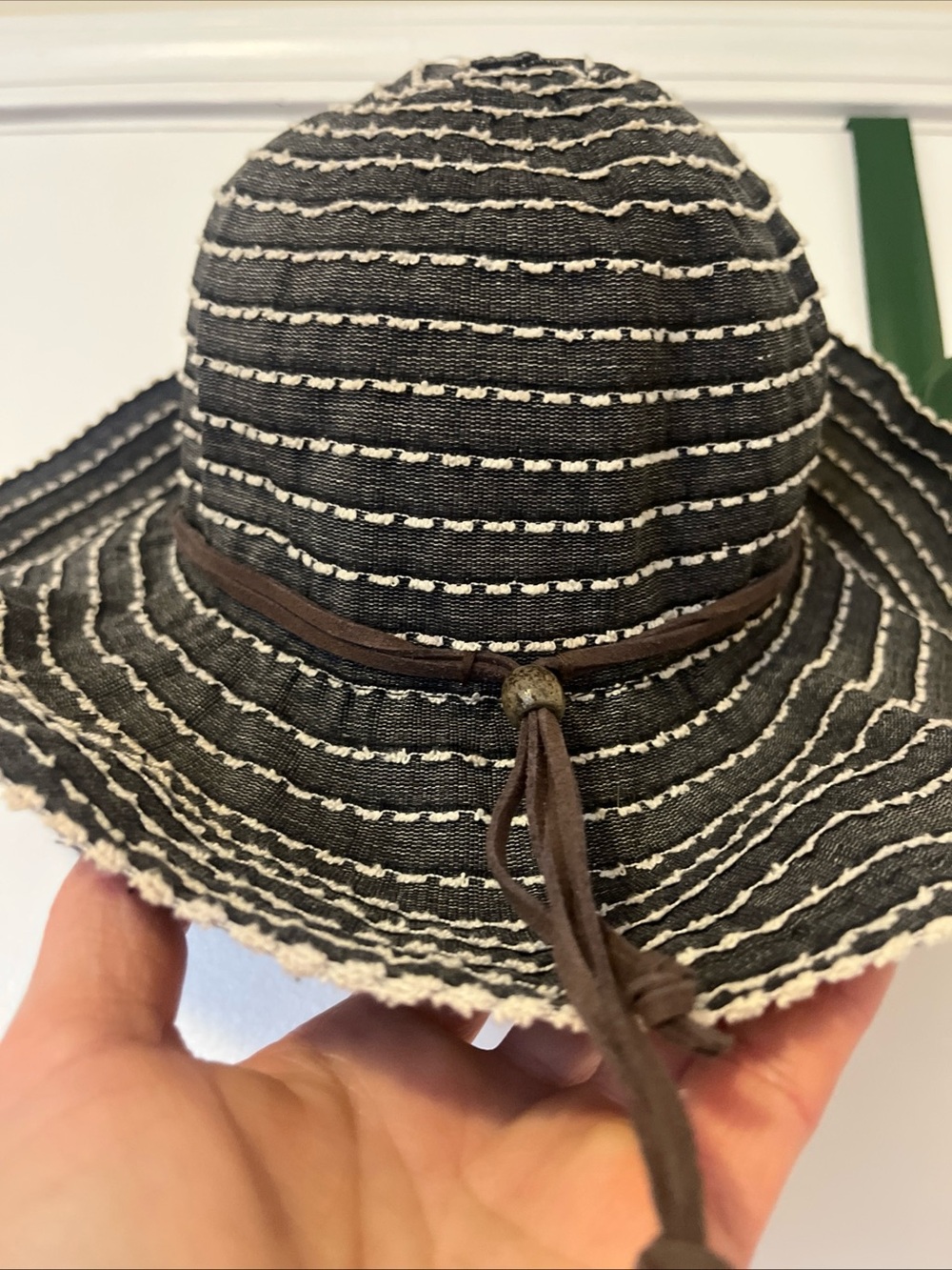 REI Grey  and White Striped Sun Hat with Brown Tie Accent Packable